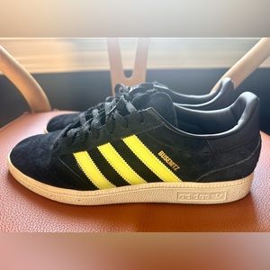 Busenitz adidas classics. Black with light neon green / chartreuse stripes.